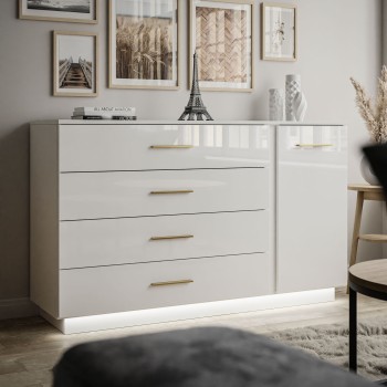 Kommode LINA II Weiß Hochglanz mit Goldenen Griffen und LED Kommode LINA II Weiß Hochglanz mit Goldenen Griffen und LED