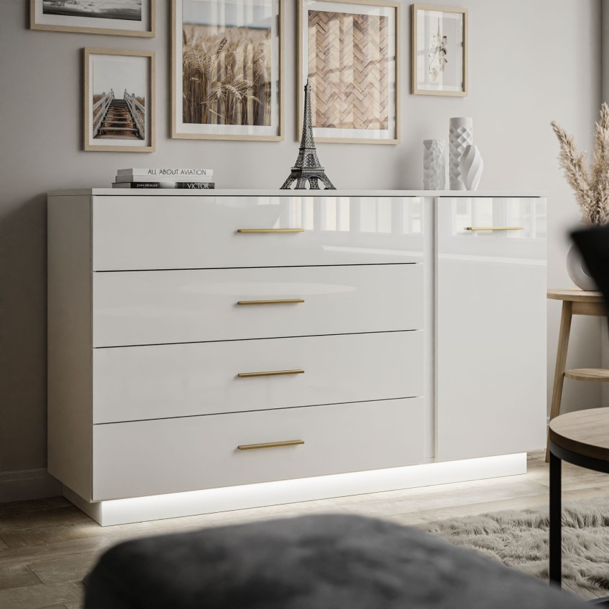 Kommode LINA II Weiß Hochglanz mit Goldenen Griffen und LED Kommode LINA II Weiß Hochglanz mit Goldenen Griffen und LED