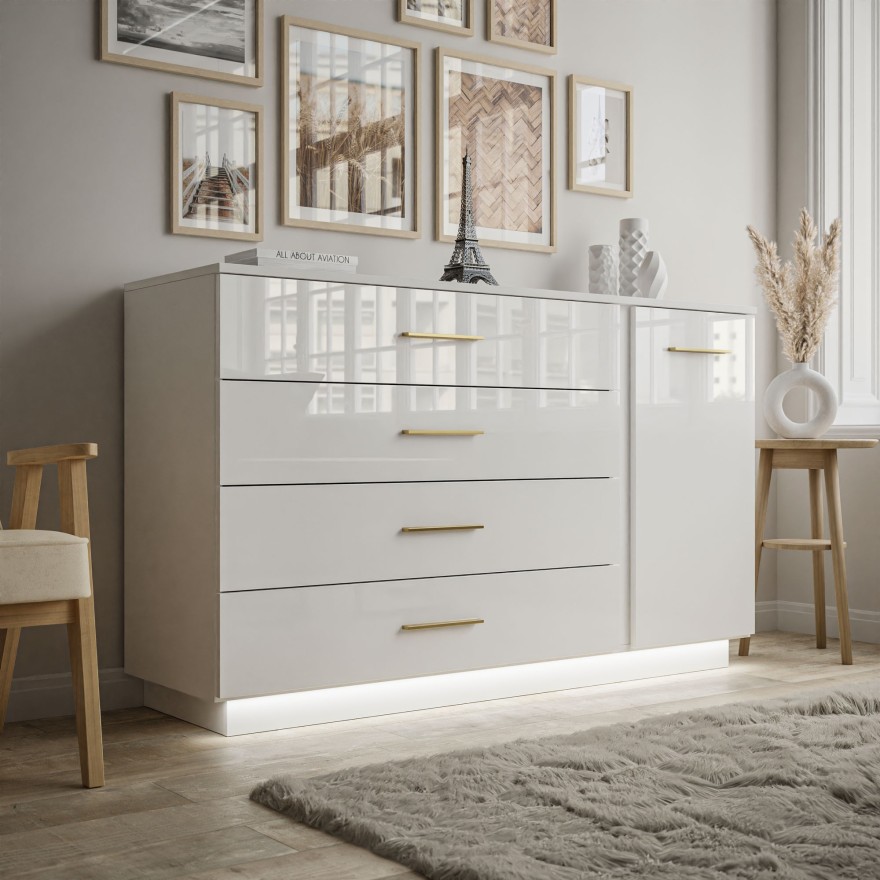 Kommode LINA II Weiß Hochglanz mit Goldenen Griffen und LED Kommode LINA II Weiß Hochglanz mit Goldenen Griffen und LED