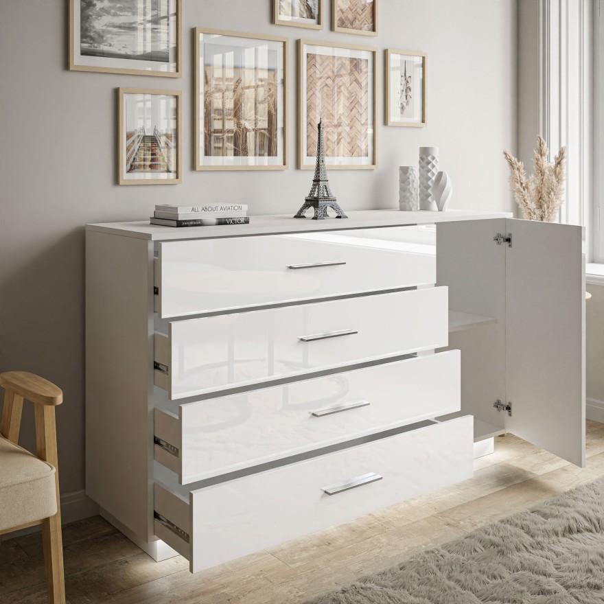 Kommode LINA Weiß hochglanz mit Chrom Griffen und LED Kommode LINA Weiß hochglanz mit Chrom Griffen und LED