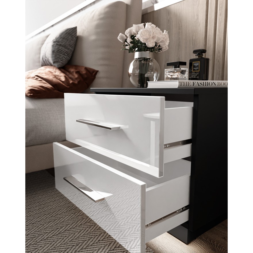 Nachttisch LINA mit Chromgriffen in Hochglanz mit LED