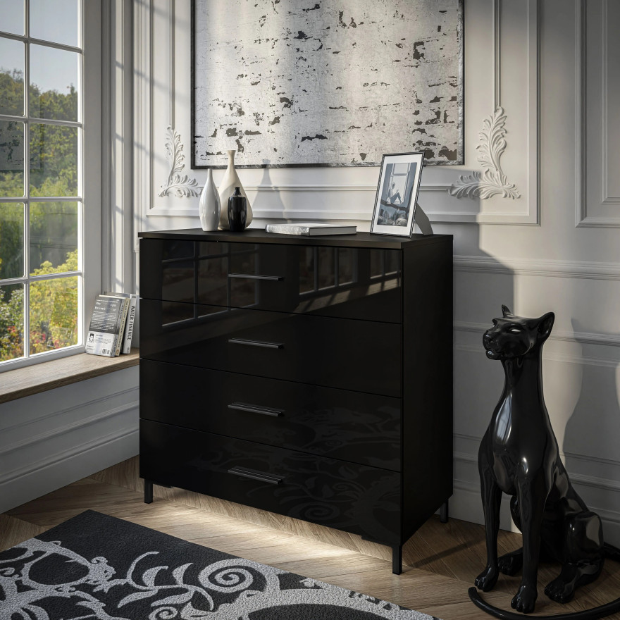 Kommode LINA BLACK Schwarz Hochglanz mit Schubladen