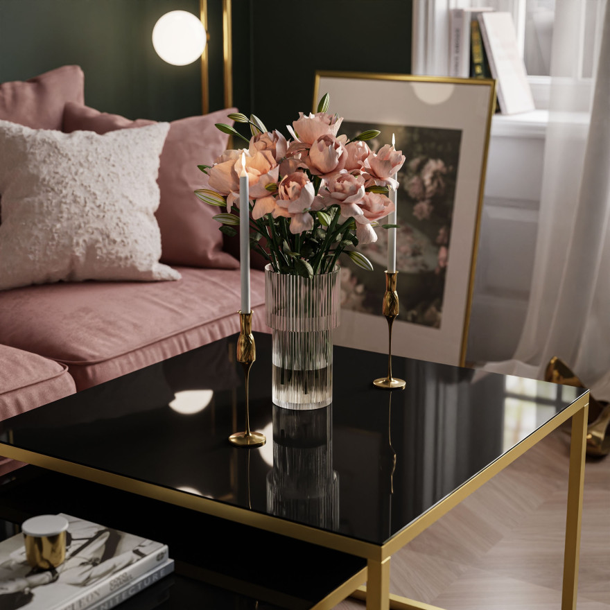 YOSHI GLASS 2 in1 Couchtisch mit Glasplatte gold matt