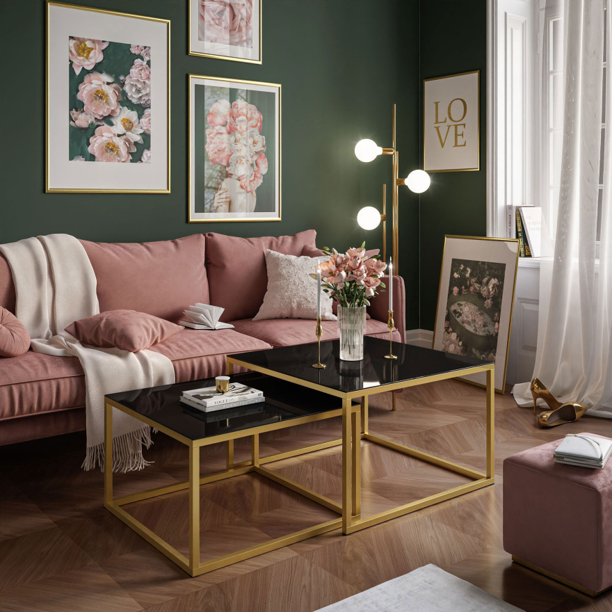 YOSHI GLASS 2 in1 Couchtisch mit Glasplatte gold matt