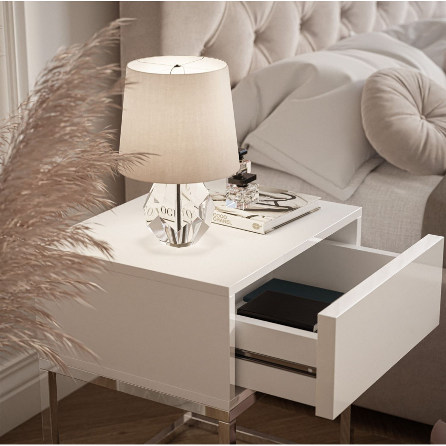 Nachttisch BLANCO GLAMOUR mit Chrom- Metallrahmen Nachttisch BLANCO GLAMOUR mit Chrom- Metallrahmen