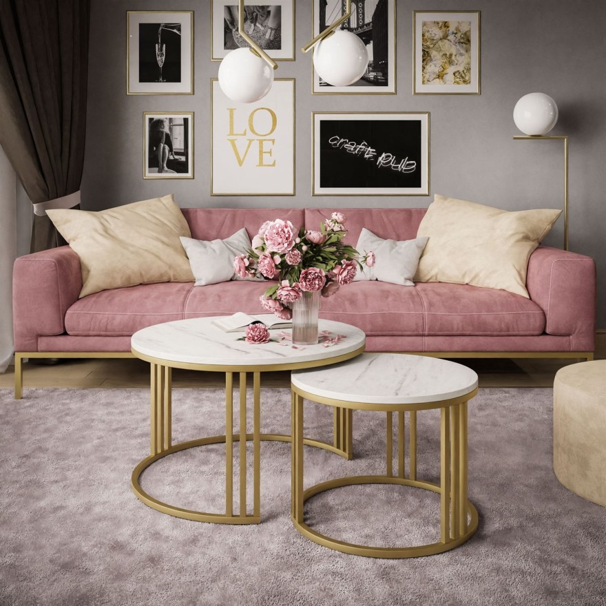 LORI LEVANTO 2in1 runder Couchtisch mit goldenem Gestell