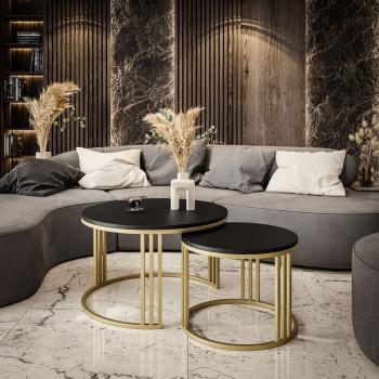 2in1 LORI runder Couchtisch mattschwarz mit goldenem Gestell