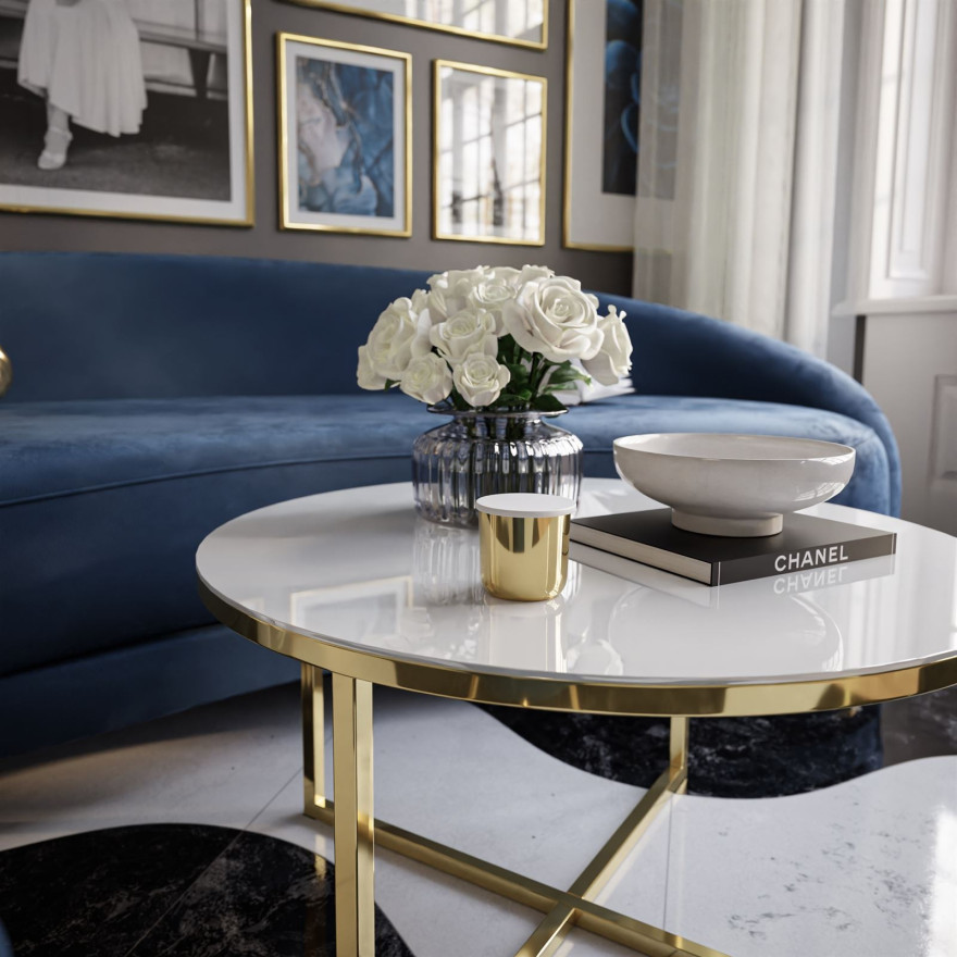 CIRI-X GLASS Runder Couchtisch mit goldenem Chromgestell