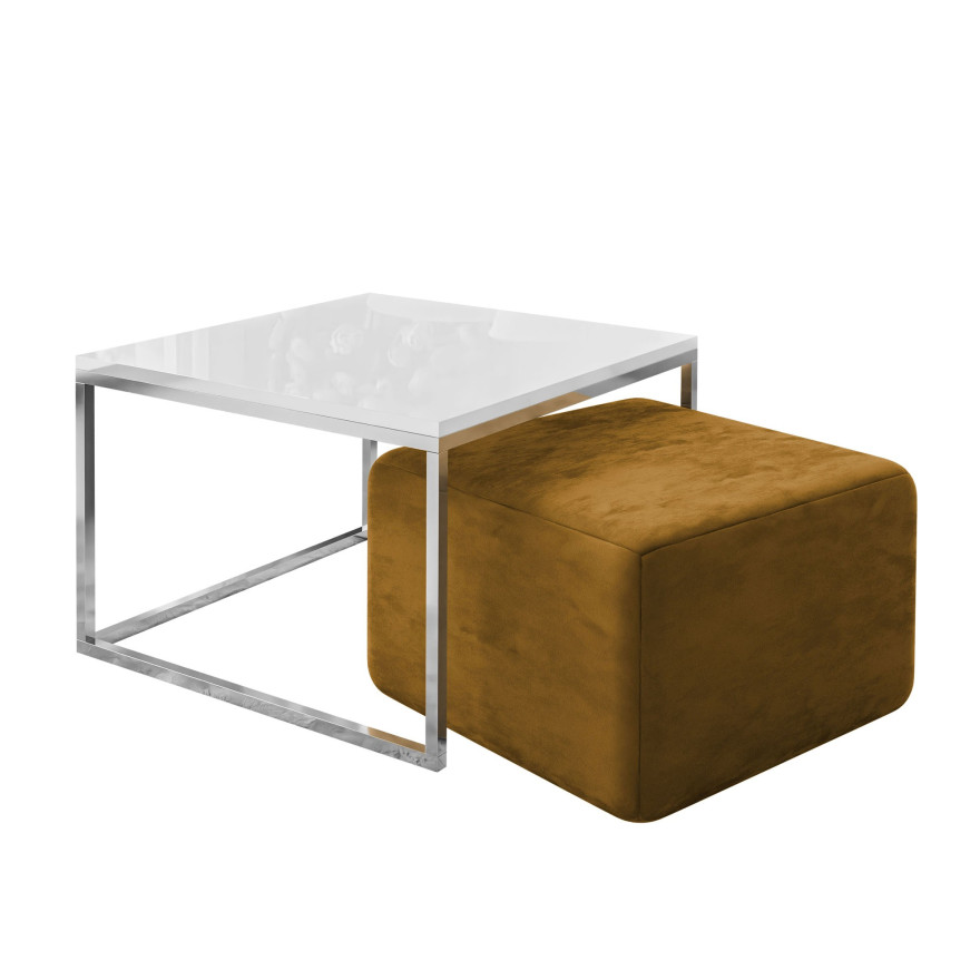 Yoshi Couchtisch mit Hocker auf einem Chromestell  Hochglanz