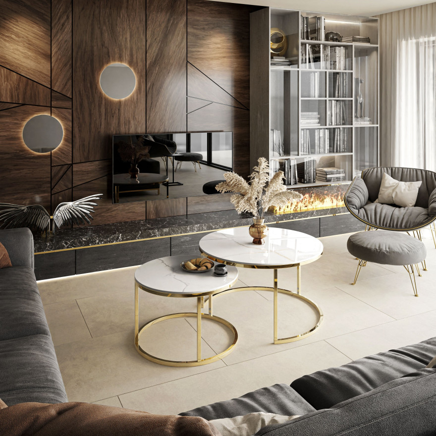 Runder Couchtisch SELAVI 2in1 Gold Chrom