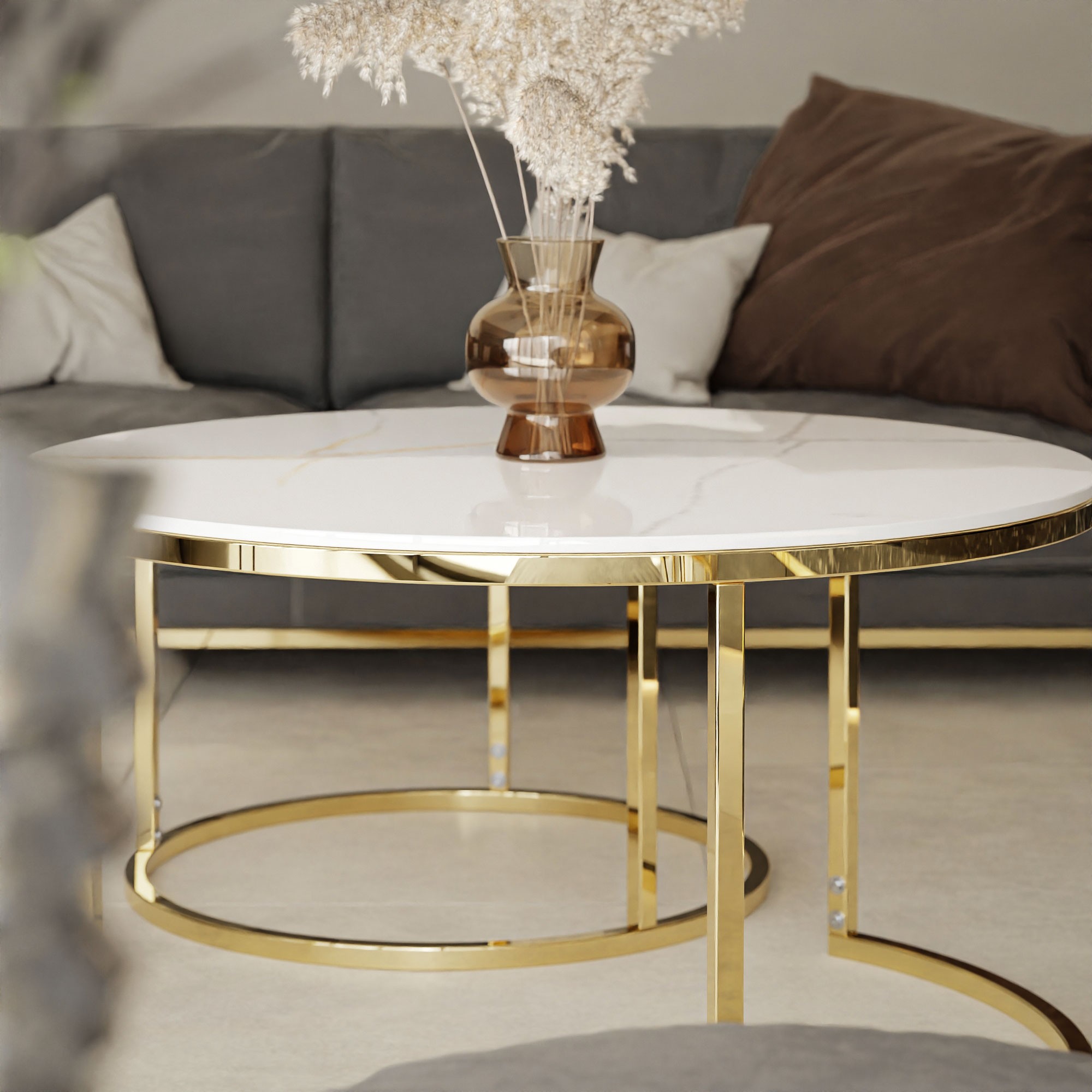 Runder Couchtisch SELAVI 2in1 Gold Chrom