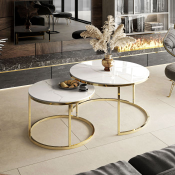 Runder Couchtisch SELAVI 2in1 Gold Chrom