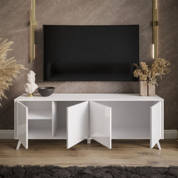 SANAYI RTV Schrank auf Beinen mit Ablagen weiß glänzend