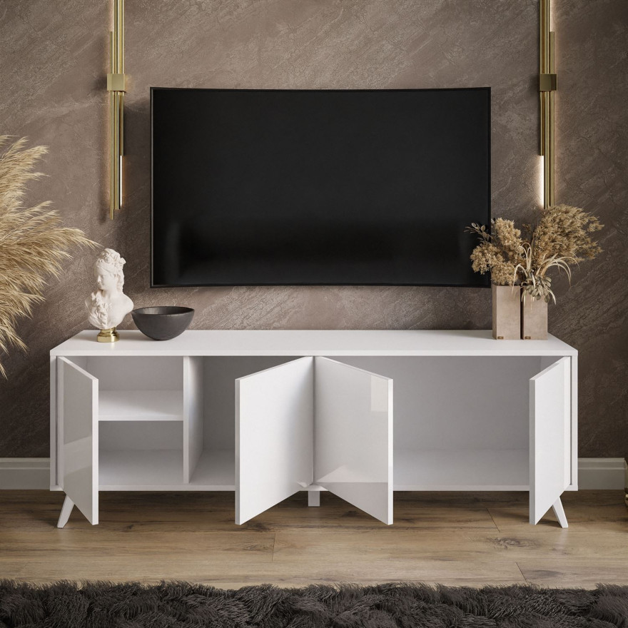 SANAYI RTV Schrank auf Beinen mit Ablagen weiß glänzend