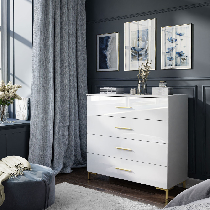 Kommode LINA goldene Griffe und Beine mit LED