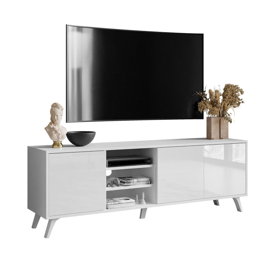 SANAYI RTV Schrank auf Beinen mit Ablagen weiß glänzend