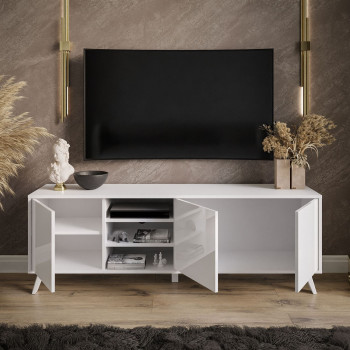 SANAYI RTV Schrank auf Beinen mit Ablagen weiß glänzend