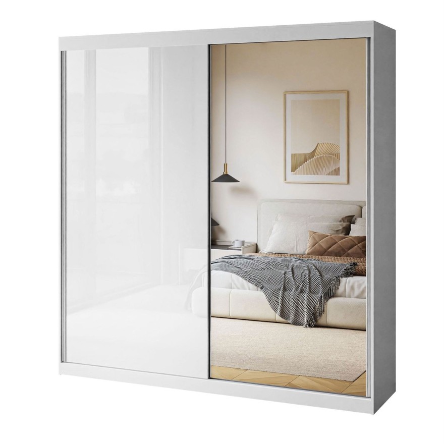 Schiebeschrank BASTER II GLOSSY mit Spiegel weiß glänzend