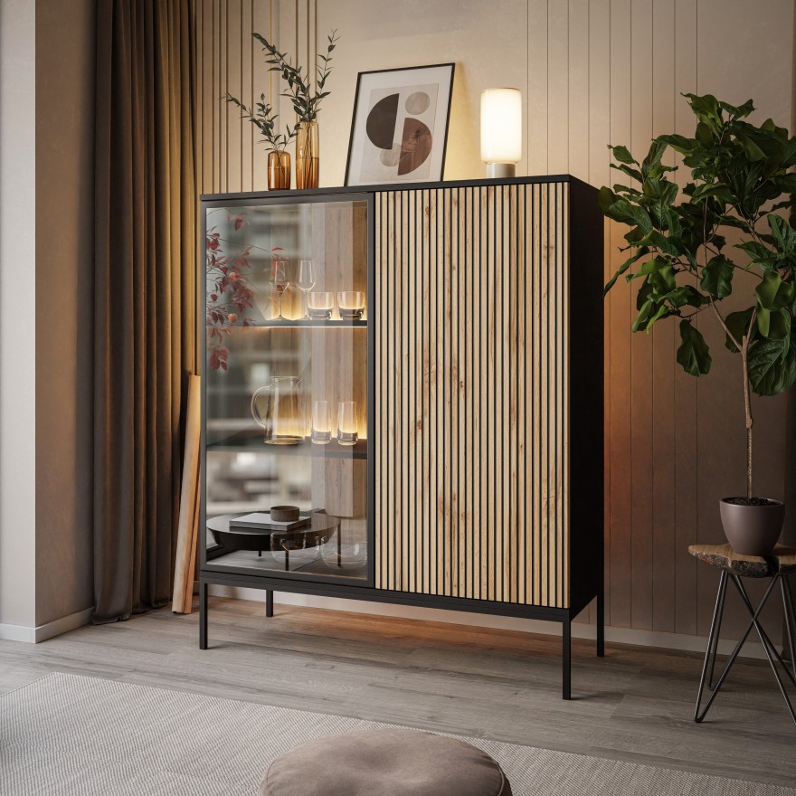 ECLIPSE WT104 niedrige Vitrine mit Beleuchtung Eiche schwarz wotan