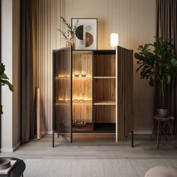 ECLIPSE WT104 niedrige Vitrine mit Beleuchtung Eiche schwarz wotan