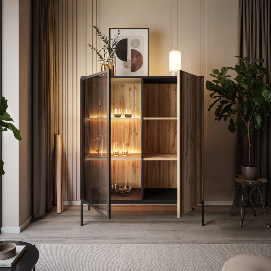 ECLIPSE WT104 niedrige Vitrine mit Beleuchtung Eiche schwarz wotan