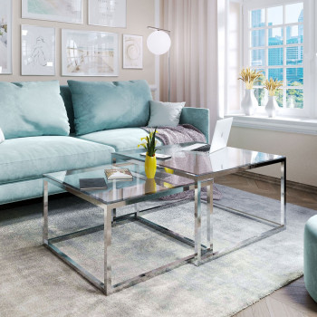 Couchtisch YOSHI 2in1 Glastischplatte und Chromgestell