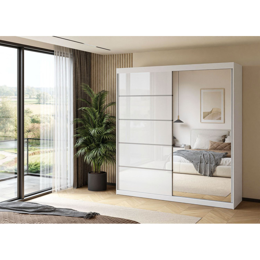 Schiebeschrank BASTER II PLUS GLOSSY mit Spiegel weiß glänzend