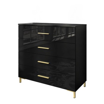 LINA GOLD 95 Kommode Schwarz Hochglanz mit goldenen Griffen und Beinen, LED-Beleuchtung
