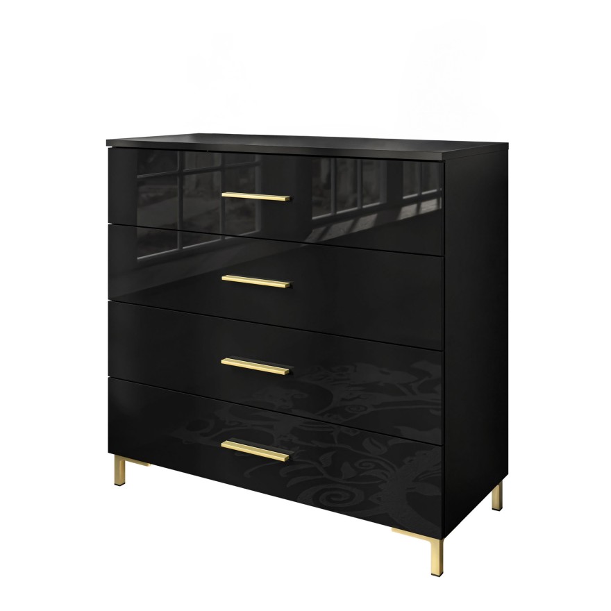 LINA GOLD 95 Kommode Schwarz Hochglanz mit goldenen Griffen und Beinen, LED-Beleuchtung