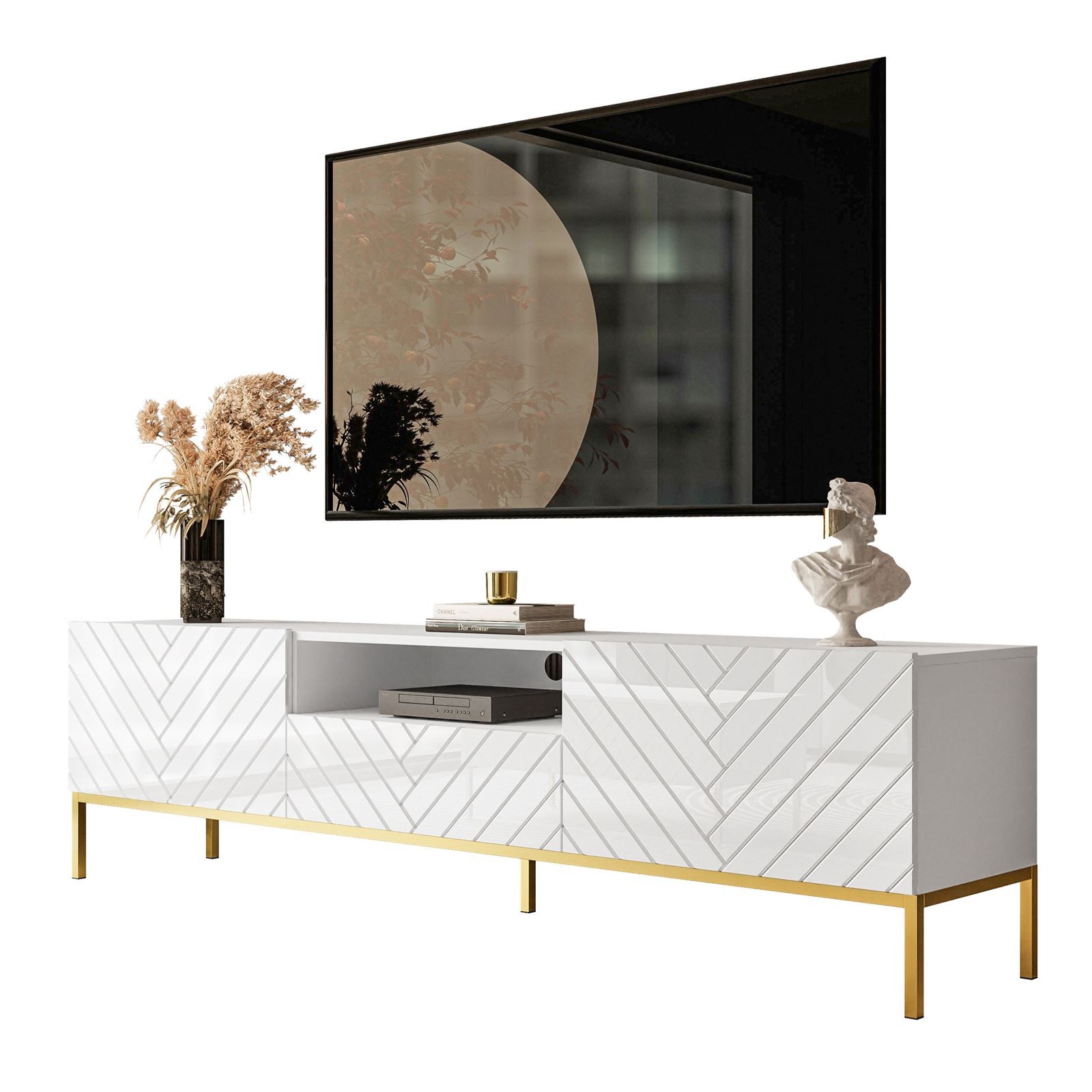 SANTILE TV Schrank, 190 cm in Hochglanz mit goldenen Beinen