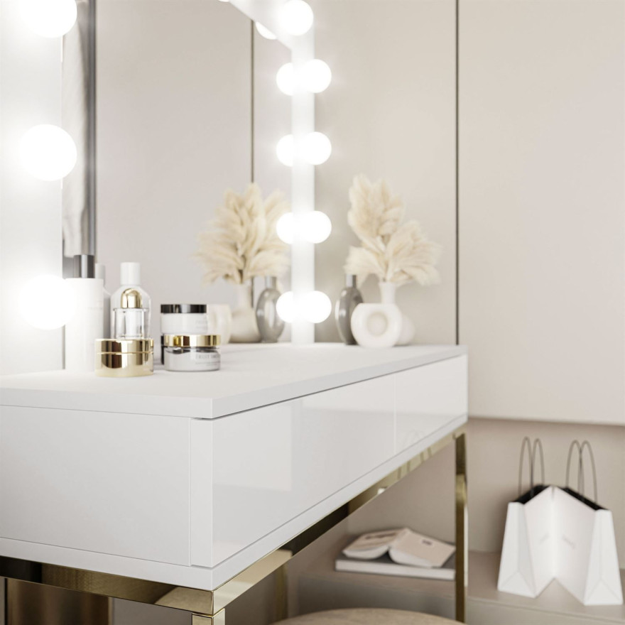 BLANCO Schminktisch mit Spiegel und Beleuchtung gold chrom