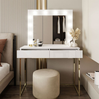 BLANCO Schminktisch mit Spiegel und Beleuchtung gold chrom