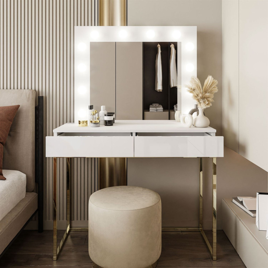 BLANCO Schminktisch mit Spiegel und Beleuchtung gold chrom