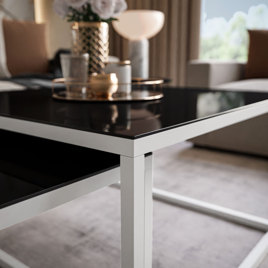 YOSHI GLASS Couchtisch 2in1 mit schwarzem und weißem Rahmen