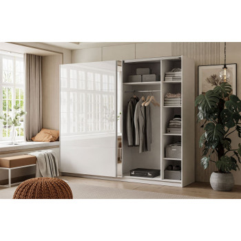 LINA Kleiderschrank 244 cm mit Spiegel Schwebetürenschrank weiß Hochglanz LINA Kleiderschrank 244 cm mit Spiegel Schwebetürenschrank weiß Hochglanz