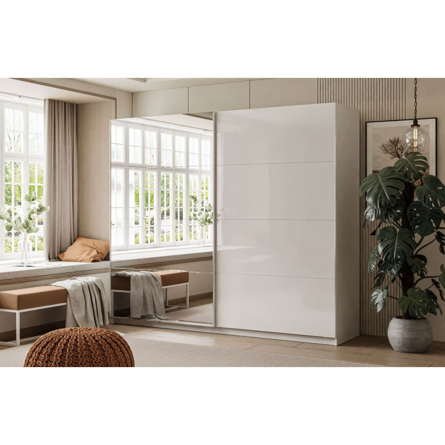 LINA Kleiderschrank 244 cm mit Spiegel Schwebetürenschrank weiß Hochglanz LINA Kleiderschrank 244 cm mit Spiegel Schwebetürenschrank weiß Hochglanz