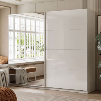 LINA Kleiderschrank 244 cm mit Spiegel Schwebetürenschrank weiß Hochglanz LINA Kleiderschrank 244 cm mit Spiegel Schwebetürenschrank weiß Hochglanz
