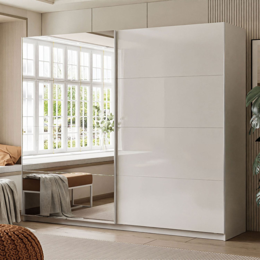 LINA Kleiderschrank 244 cm mit Spiegel Schwebetürenschrank weiß Hochglanz LINA Kleiderschrank 244 cm mit Spiegel Schwebetürenschrank weiß Hochglanz