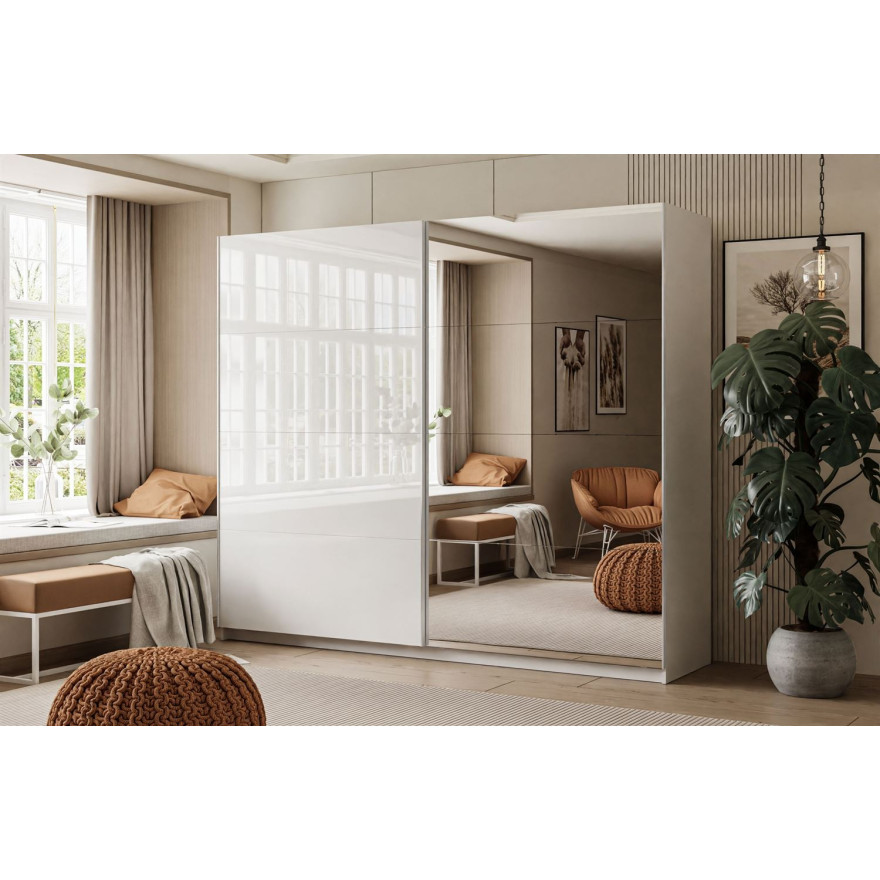 LINA Kleiderschrank 244 cm mit Spiegel Schwebetürenschrank weiß Hochglanz LINA Kleiderschrank 244 cm mit Spiegel Schwebetürenschrank weiß Hochglanz