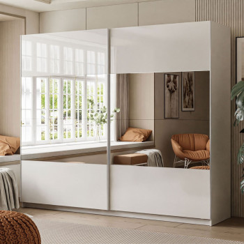 LINA Kleiderschrank 244 cm mit Spiegel Schwebetürenschrank weiß Hochglanz