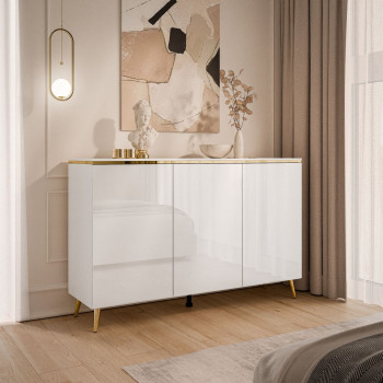 Dreitürige Kommode AURORA II weiß glänzend auf Beinen Dreitürige Kommode AURORA II weiß glänzend auf Beinen