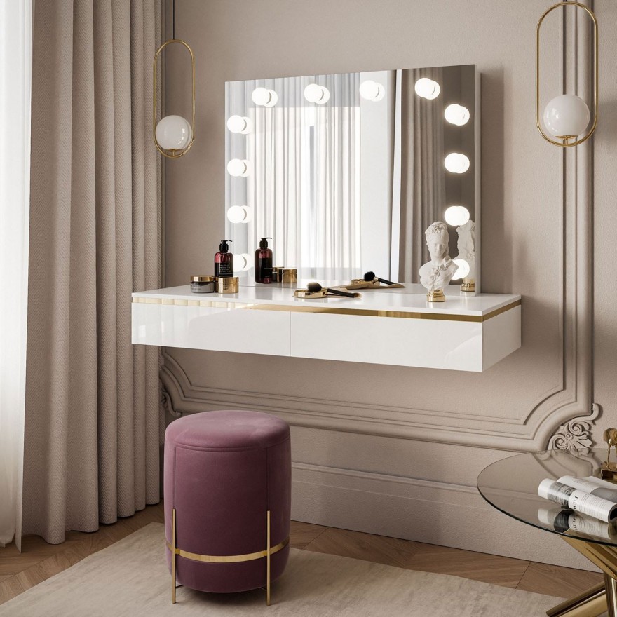 Hängender Schminktisch AURORA ELITE mit Spiegel, weiß glänzend Hängender Schminktisch AURORA ELITE mit Spiegel, weiß glänzend