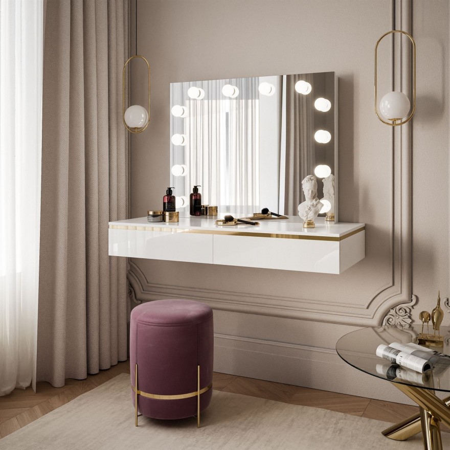 Hängender Schminktisch AURORA ELITE mit Spiegel, weiß glänzend Hängender Schminktisch AURORA ELITE mit Spiegel, weiß glänzend