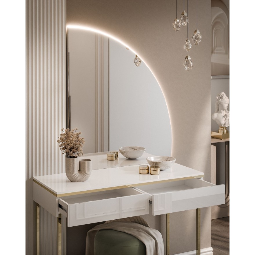 AURORA-Q GOLD Schminktisch, weiß glänzend auf goldenem Gestell
