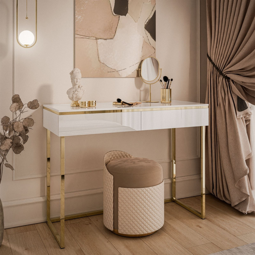 AURORA GOLD Konsole in weiß Hochglanz auf einem goldenen Gestell