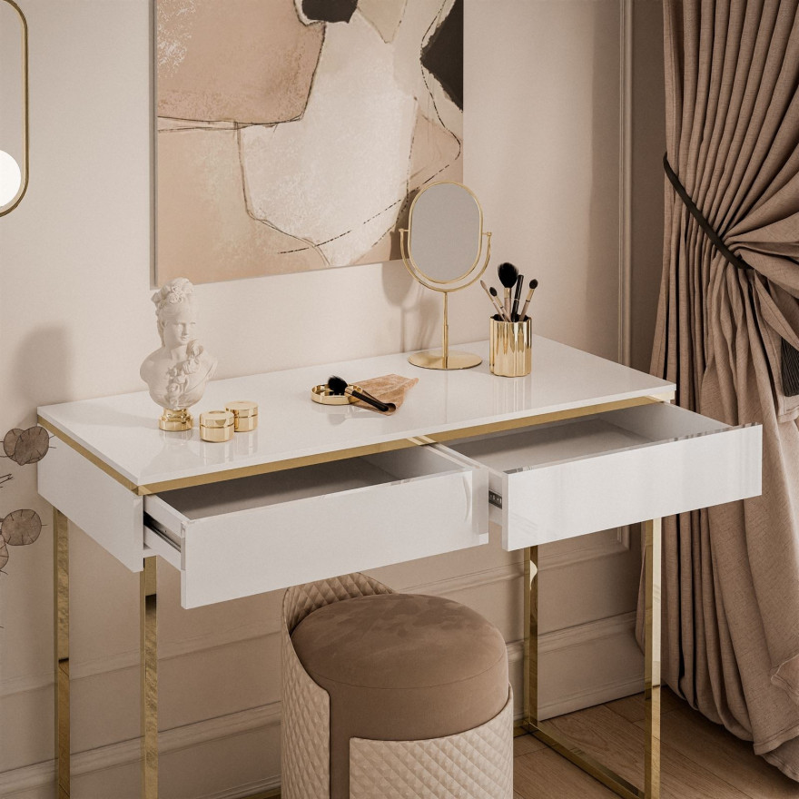 AURORA GOLD Konsole in weiß Hochglanz auf einem goldenen Gestell
