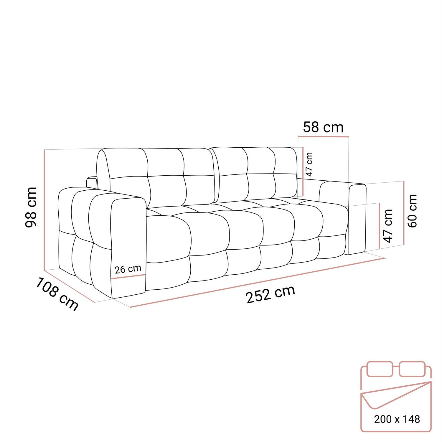 Dreisitzige Couch WINDFIELD mit Schlaffunktion