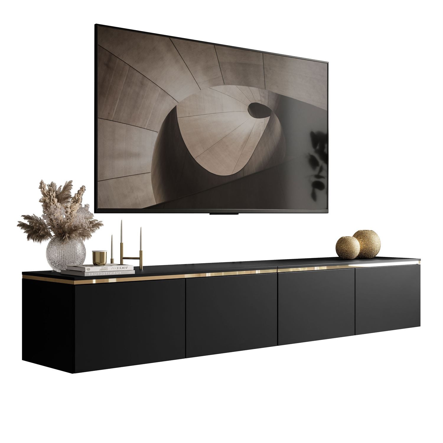 TV-Hängeschrank CELINE schwarz matt 200 cm mit LED-Beleuchtung