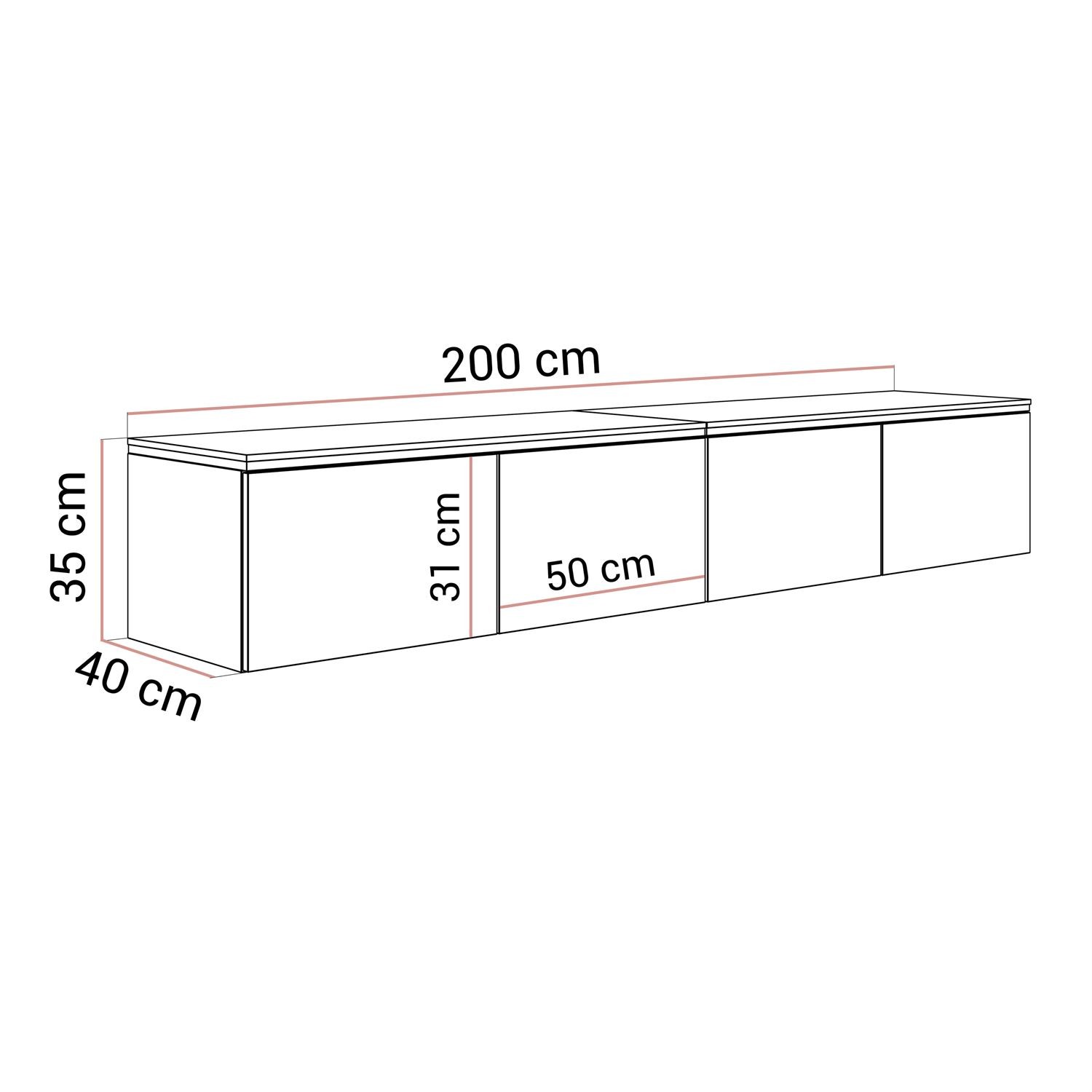 TV-Hängeschrank CELINE schwarz matt 200 cm mit LED-Beleuchtung