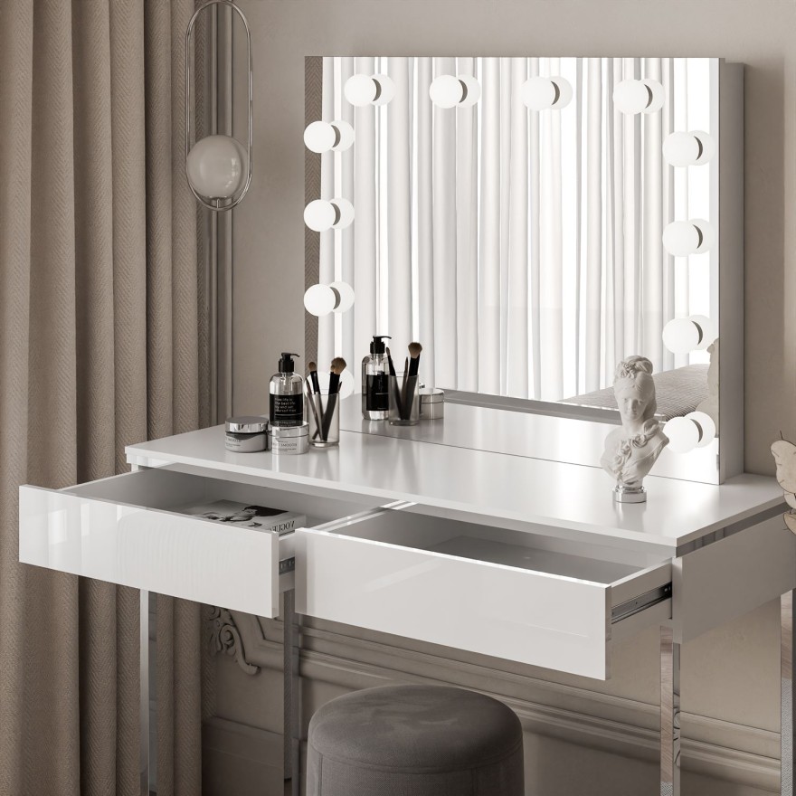 Schminktisch AURORA SILVER ELITE mit Spiegel weiß glänzend